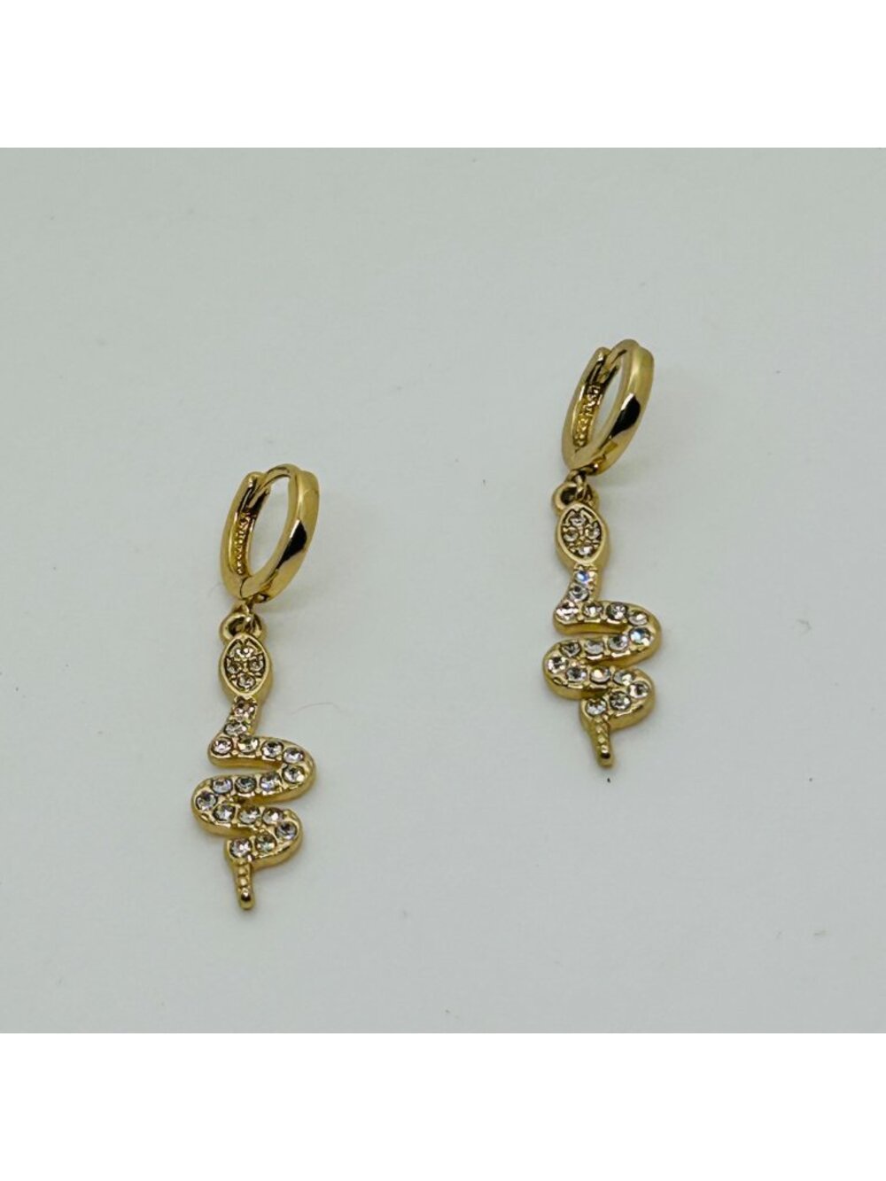 Snake Serpent Levernack Earrings Gold Tone Dangle Drop Rhinestone Pavé
